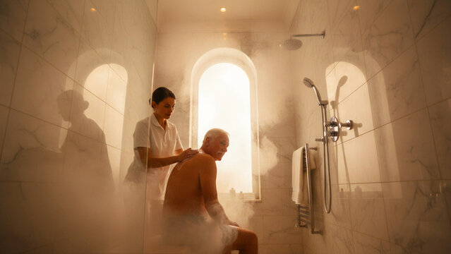 Caregiver assisting senior man with bathing in steamy bathroom. Home health aide providing hygiene support to elderly patient. Senior care concept for assisted living and geriatric health marketing.