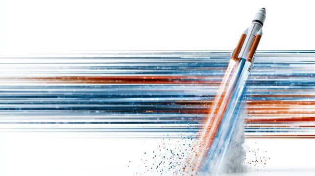 A rocket blasting off into a streak of light, symbolizing speed and progress