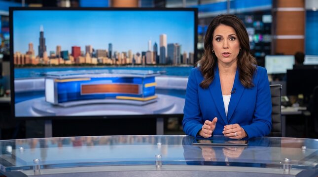 Female news anchor reporting live from a modern television studio with city skyline background.