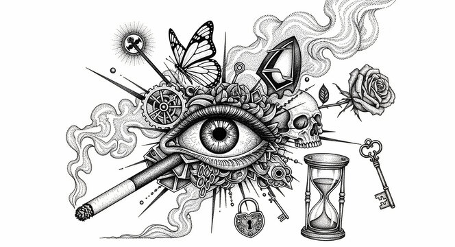 Central eye surrounded by skull, butterfly, and hourglass in dotwork style. Surreal stipple illustration featuring memento mori symbols. Tattoo flash design for philosophy and time themes.