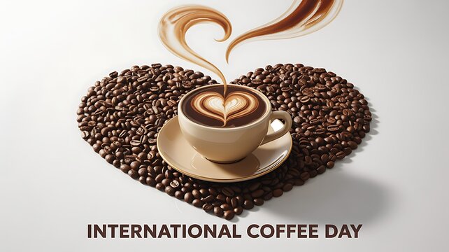 Heart shaped coffee beans arrangement with latte art cup for international coffee day celebration