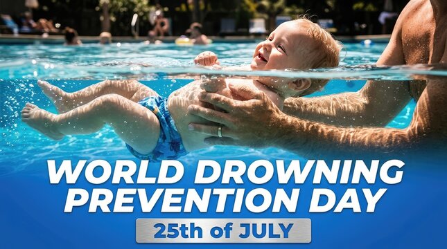 Adorable toddler learning to swim in a pool supported by adult hands for child water safety education