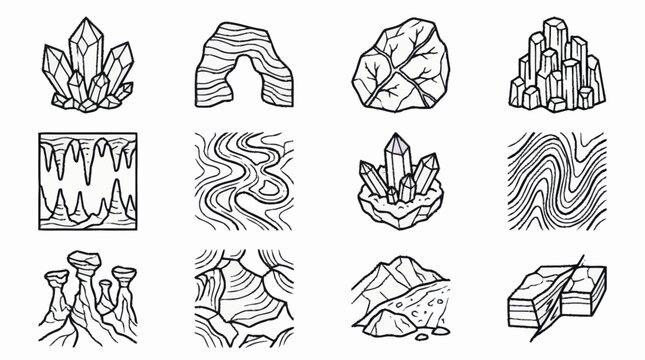 Collection of Geometric and Organic Rock and Crystal Illustrations.