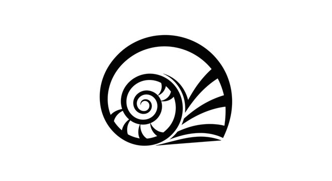Abstract spiral seashell logo icon in black and white.