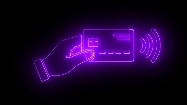 Glowing neon Hand holding a contactless purple color credit card icon for fast digital payment systems. representing for wireless signal waves, secure transaction, business and finance concepts. 4k 