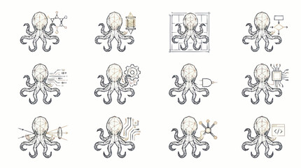 Collection of whimsical octopus illustrations in various poses. © Untung
