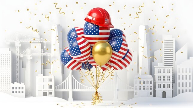 Labor day celebration with us flag balloons and construction hard hat