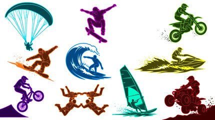 Fototapeta premium colorful vector silhouettes set of extreme outdoor sports activities like surfing skateboarding snowboarding and motocross, these activities bring adventure concept illustrating active lifestyle