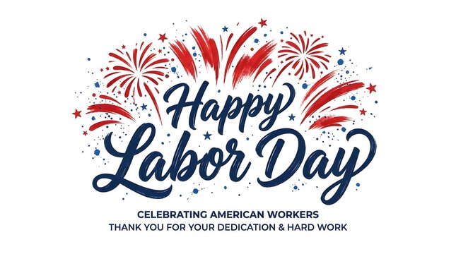 Happy labor day greeting card with fireworks isolated on white background