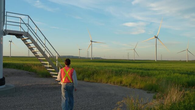 An engineer with safety vest walks towards wind turbines in a lush green field under a clear sky. The mood is hopeful and progressive, demonstrating sustainable energy and a positive outlook 