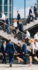 Obraz premium Business professionals walking up modern office stairs.