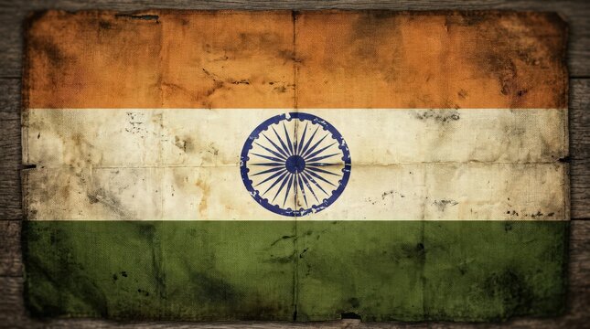 Distressed indian flag on weathered wood national symbolism with rustic texture and vintage appeal