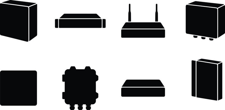 Networking and electronic hardware silhouette icons set featuring router server modem switch and device enclosures on white background