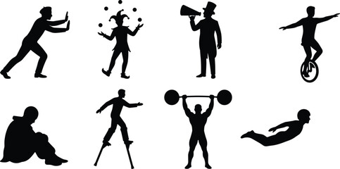 People Activity Silhouette Collection Featuring Circus Performers Fitness Sports Street Entertainment and Human Action Poses Isolated Set © MstRehna