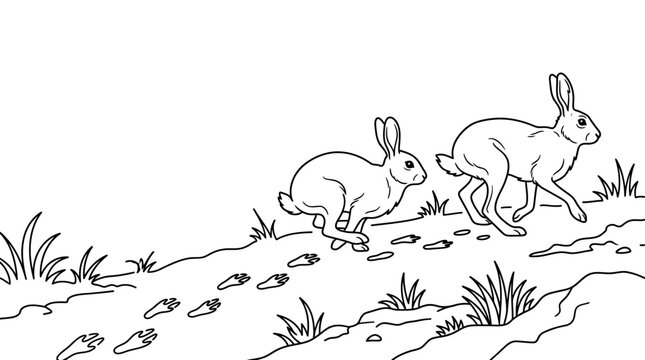 Two rabbits running across a path with visible footprints.