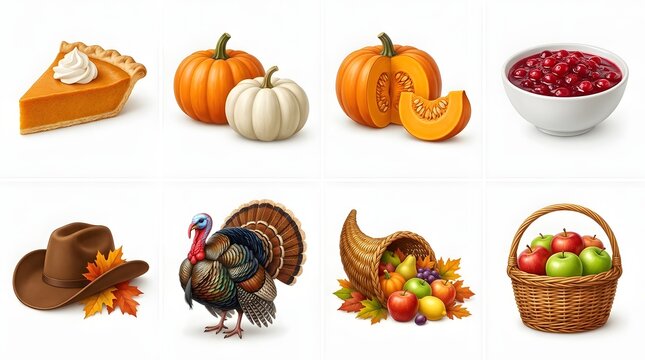 Thanksgiving feast icons pumpkin pie turkey cranberry sauce and harvest bounty