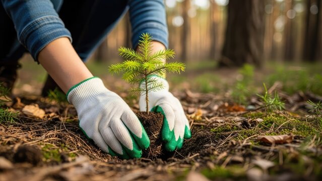 Person in gloves planting young spruce tree in forest.