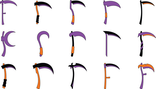 Variety of scythe illustrations in different colors and styles