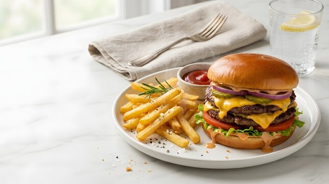 Delicious double cheeseburger with fries and ketchup