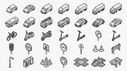 Sleek Monochrome Isometric Icons Set of Vehicles Emergency Vehicles Bikes Scooters Road Signs and Traffic Elements © Sifa