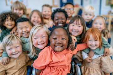 Fototapeta premium Diverse group of joyful elementary children huddle together in a warm, soft-lit classroom setting for inclusive education and lifestyle branding