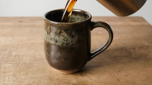Ceramic coffee mug positioned on wooden table, showcasing gradual pouring of liquid coffee from a stainless steel kettle into the cup in a cozy kitchen setting
