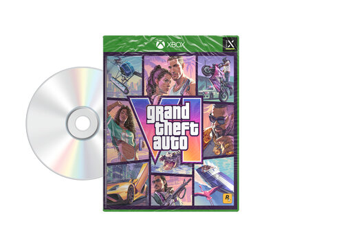 Grand Theft Auto VI Xbox Series X Shrink Wrapped Case with Disc Isolated on White Background Showing Rockstar Games Cover Artwork