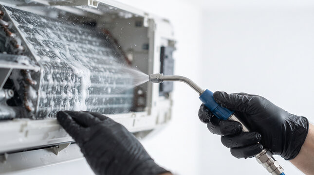 Close-up of a technician in black gloves cleaning air conditioner coils with a pressure washer