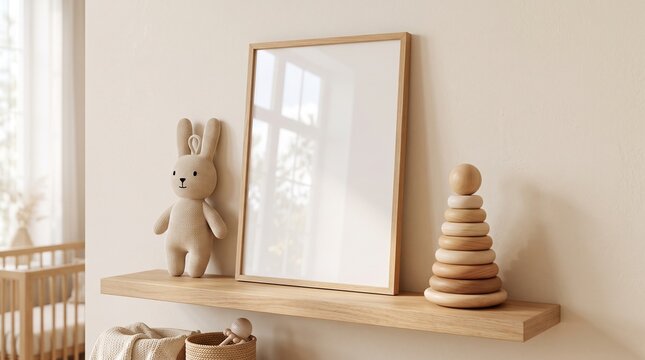 Blank vertical picture frame mockup on wooden floating shelf in beige baby nursery can be used for kids room art presentation.