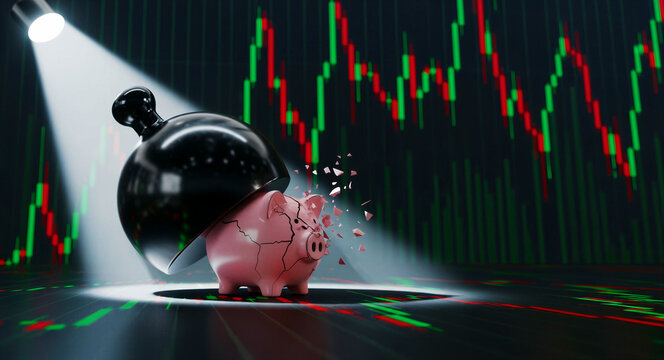 Pink piggy bank shattering under heavy weight before trading charts. Ceramic bank breaking during financial market volatility. Economic crisis concept, ideal for investment risk and inflation media.