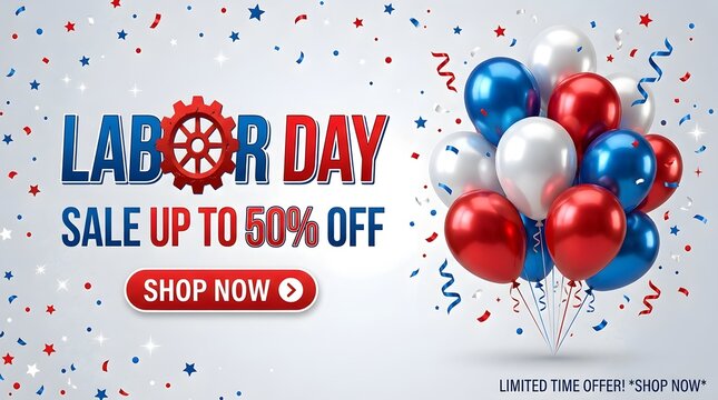 Labor day sale banner with balloons and confetti