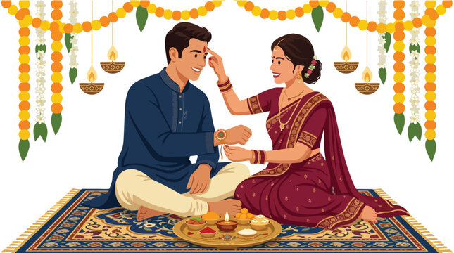 Raksha Bandhan celebration with sister tying sacred thread and applying tilak on brother's forehead