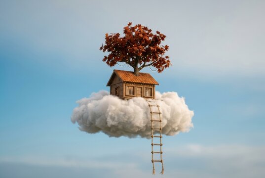 A wooden boutique house with a seasonal autumn maple tree sits on a fluffy white cloud for surreal fall fashion retail and seasonal advertising