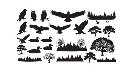 Obraz premium Birds and trees silhouettes wildlife nature elements for your design collection of various animals and natural landscapes.