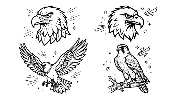 Eagle and falcon head tattoo flash set vector illustration.