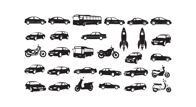 Black silhouette collection of modern cars motorcycles buses and rockets isolated on white background vector illustration.