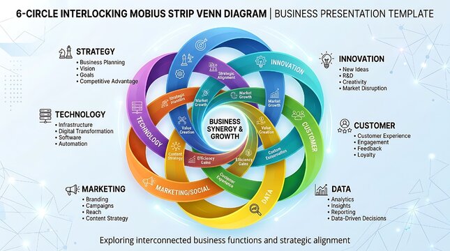 6 Circle Venn diagram infographic template. Interlocking Mobius strip loops with icons for business presentation.