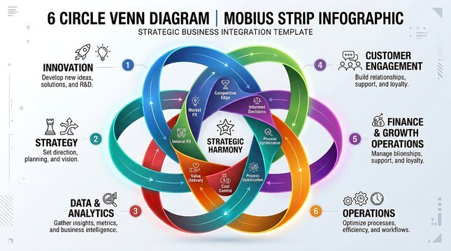 6 Circle Venn diagram infographic template. Interlocking Mobius strip loops with icons for business presentation.