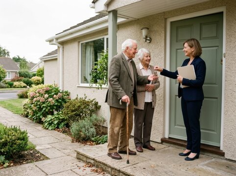 Elderly couple receiving house keys from a real estate agent at a modest bungalow doorway for senior housing and downsizing campaigns