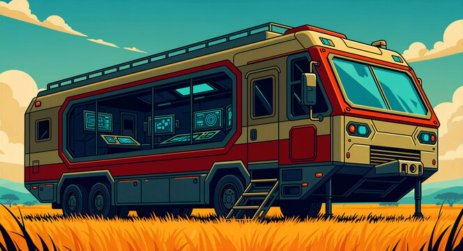 Futuristic mobile command vehicle parked in a field. High-tech research lab on wheels with interior computer screens. Exploration and surveillance concept for sci-fi and tech projects.