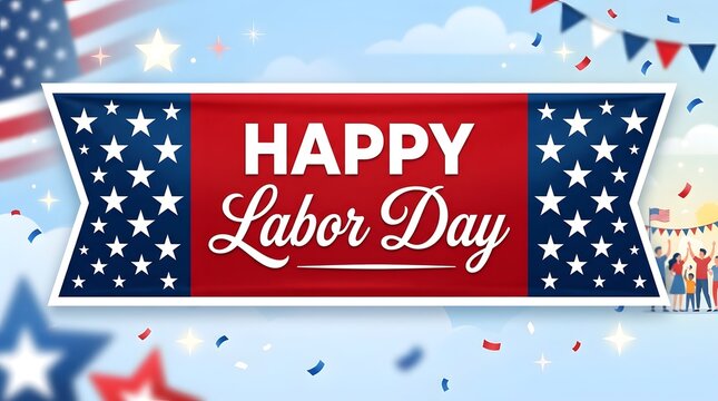 Happy labor day banner with american flag theme and confetti