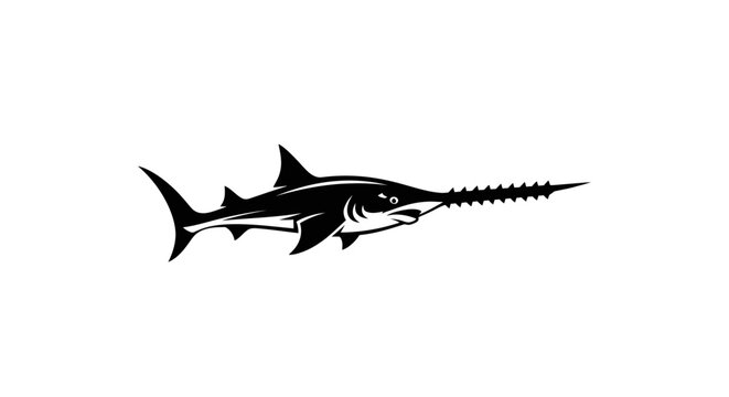 Profile view of a swimming sawfish black silhouette.