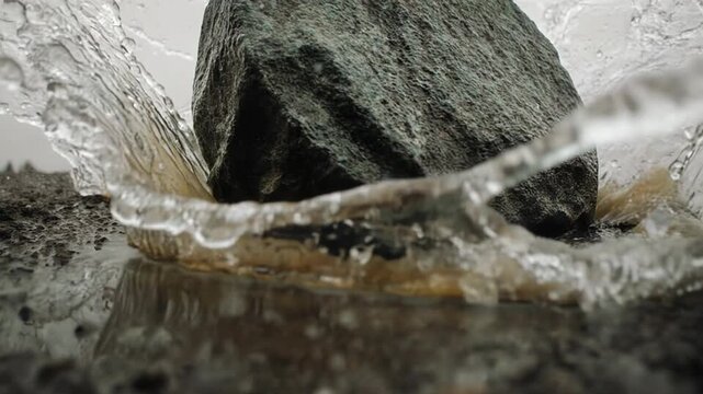Large rock drops into shallow water, creating splashes and ripples, with reflections visible on the surface in a natural outdoor setting