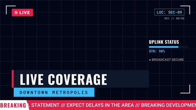Live news broadcast, breaking news display with uplink status and ticker, seamless loop, symbolizing real-time reporting and urgent updates