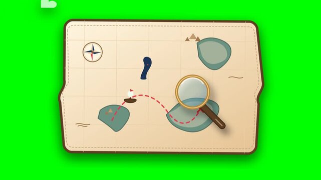 Animated Treasure Map With Magnifying Glass Searching For Hidden Locations On Green Screen.. 4k SVG Loop Animation