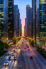 Obraz premium Urban downtown street corridor at twilight with tall glass skyscrapers and glowing vehicle lights for metropolitan lifestyle and business branding