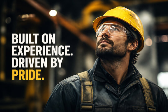A construction worker in a yellow hard hat looks up in an industrial setting.