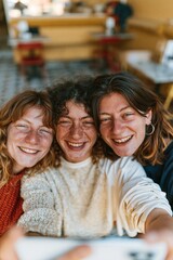 Fototapeta premium Three joyful young women with freckled skin smiling for a close-up selfie in a cafe for social media and friendship lifestyle concepts