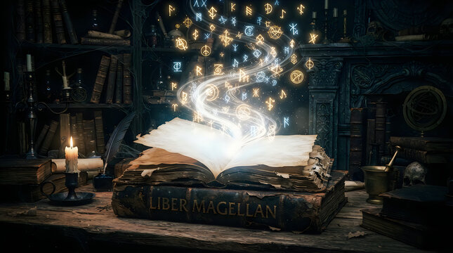 Glowing magic spell book in dark library with floating runes