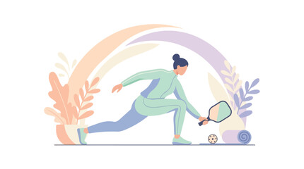 Fototapeta premium A determined woman playing pickleball in a dynamic lunging pose.